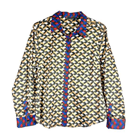 Jones New York Blouse Women's L Button Up Shirt Chain Link Graphic Red Blue Gold - Picture 1 of 10